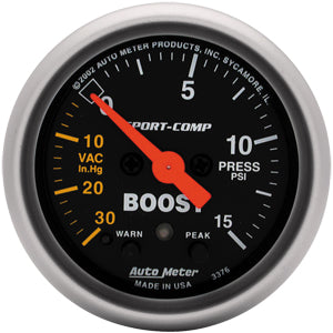 Autometer Sport Comp Full Sweep Electric Boost / Vacuum w/ Peak Memory and Warning Gauge 2 1/16