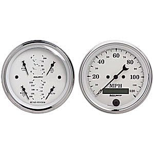 Autometer Street Rod Old Tyme white In-Dash Tachs & Speedos Kit Box Elec Speedo / Oil Press. / Water Temp. / Volt / Fuel Level gauge Kit, 3 3/8