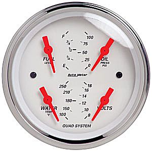 Autometer Street Rod Arctic White Short Sweep Electric Quad Gauge Oil Press. / Water Temp. / Volt / Fuel Level gauge 3 3/8" (85.7mm)