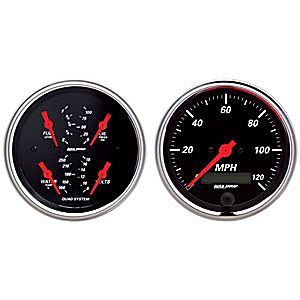 Autometer Street Rod Designer Black In-Dash Tachs & Speedos Kit Box Elec Speedo / Oil Press. / Water Temp. / Volt / Fuel Level gauge Kit, 3 3/8