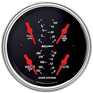 Autometer Street Rod Designer Black Short Sweep Electric Quad Gauge Oil Press. / Water Temp. / Volt / Fuel Level gauge 3 3/8